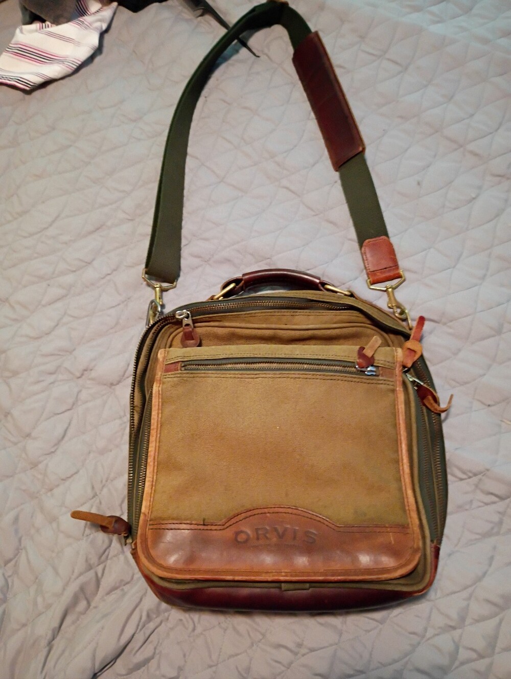 Orvis Olive Green and Tan Canvas Leather Messenger